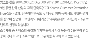 �����ִ� 2004��, 2005��, 2006��, 2009�� 4�� ���� �ѱ� ����� ���� ������(KCSI-Korean Customer Satisfaction Index) ���� ���, �������� ������ �� �籸�� ���� ����� Ź���� �򰡸� ������ ����� ���� ������ 1�� ���(���ֺι�)���� ���������� 1�� �귣��� �����Ǿ����ϴ�. ������ǰ �� ������ ǰ���� ������ ��� ���� ���� ������ �޾� ���ǰ��� ���� �ְ��� ���� �귣��� �� ��ġ�� Ȯ���� �ϰ� �ֽ��ϴ�.